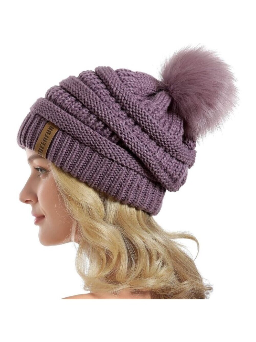 Women Purple Soft Acrylic Thick Baggy Knit Winter Faux Fur Pompom Beanie